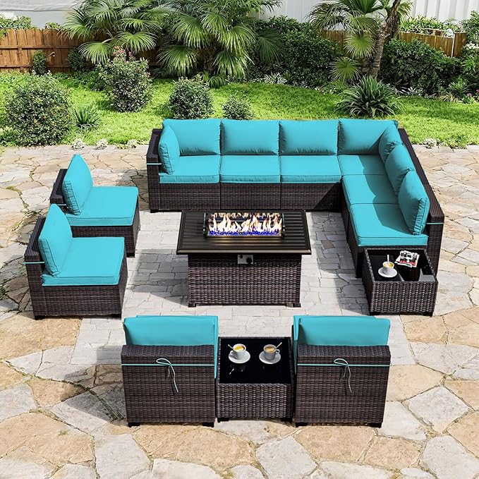 ALAULM 13 Pieces Patio Furniture Set with Fire Pit Table Outdoor Sectional Sofa Sets Outdoor Furniture 43" Gas Fire Pit CSA Approved PE Rattan Patio Conversation Set w/10 Seat Cushions (Blue)