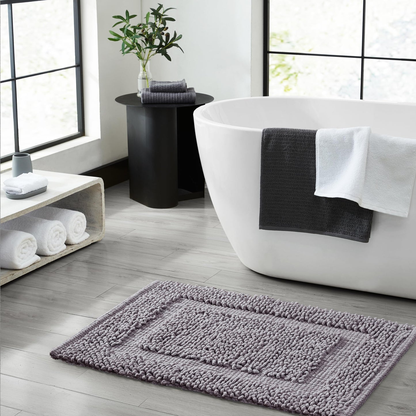 Jean Pierre New York 100% Chenille Cotton Skid Resistant Plush Bath Mat - 17"x24" Bathroom Rug - Charcoal Grey