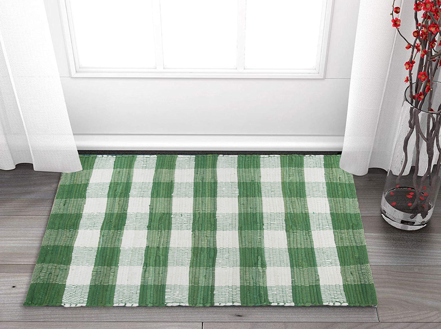 GLAMBURG Cotton Buffalo Check Plaid Rugs Washable, Handwoven Checkered Rug Welcome Door Mat 22x34 Rug for Kitchen Bathroom Outdoor Porch Laundry Living Room, Farmhouse Reversible Rag Rug Green White