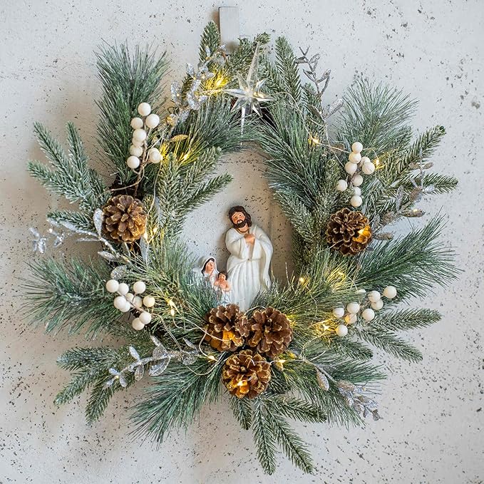 YULETIME 20" Pre-Lit Nativity Wreath, Battery Operated with 10 Fairy Lights, Holy Family Nativity Statue, Star of Bethlehem, Pine Cones, White Mistletoe, Frosted Spruce Branches (Nativity Frosted)