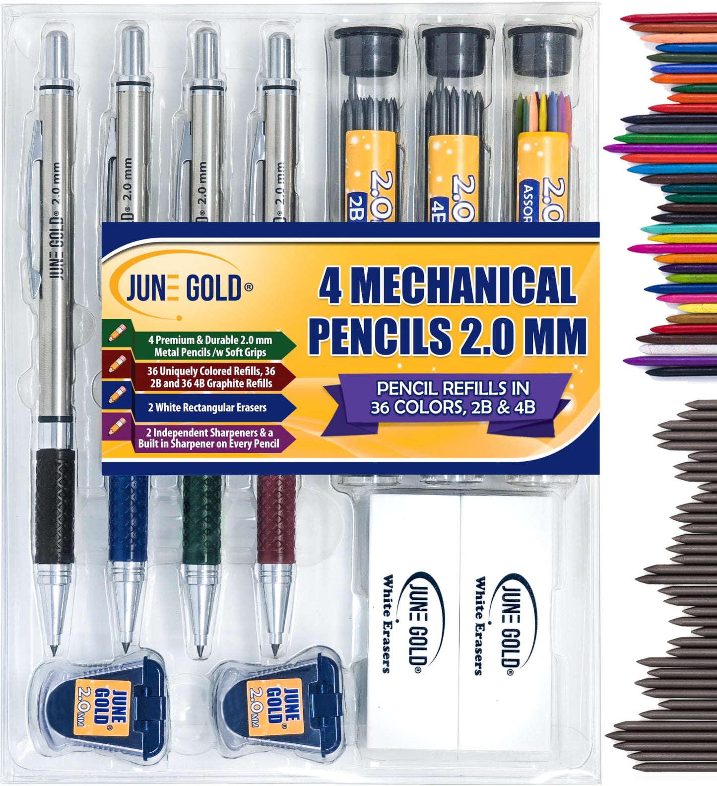 June Gold 4 Pro 2.0 mm Mechanical Pencils, 36 Colored Refills, 36 2B Refills, 36 4B Refills, 2 Sharpeners, 2 Smudge Resistant Erasers, Built in Sharpeners & Soft Non-Slip Grip on Each Pencil