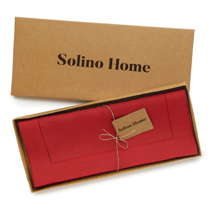Solino Home Linen Red Table Runner 36 Inches - Classic Hemstitch, 100% Pure Linen Coffee Table Runner 14 x 36 Inch Ideal for Dresser Tables - Christmas, Holiday, Winter, New Year