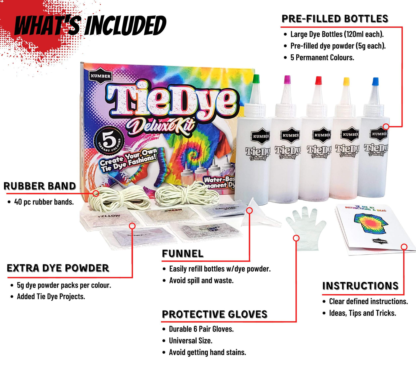 KUMBER Tie Dye Kit Kids - 5 Colours with Extra Dye Powder, Rubber Bands, Gloves and Funnel - Art and Craft Set for Dyeing Clothes, Creative Games & Activities - Suitable for Kids and Adults