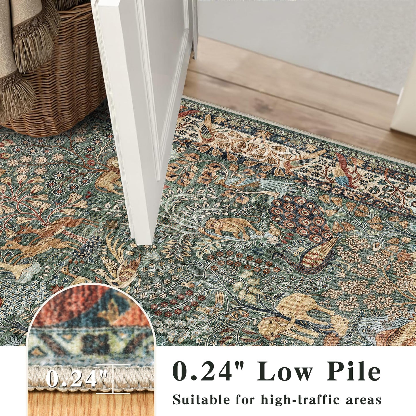 Runner Rug 2x6 Animal Botanical Trees Print Rug Vintage Kitchen Rugs Low Pile Non Slip Stain Resistant Hallway Runners Whimsical Long Carpets for Living Room Bedroom, Laundry Dorm, Green