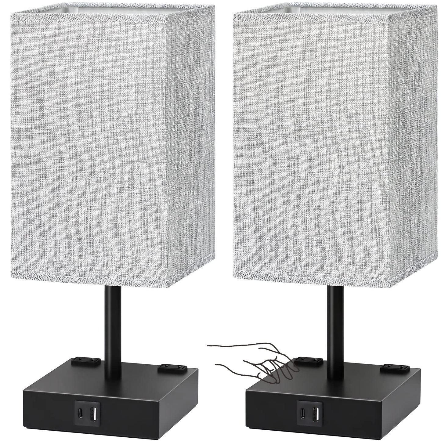 Bedside Table Lamps Set of 2 - Touch Nightstand Lamp for Bedroom with USB C+A Charging Ports & AC Outlets, 3-Way Dimmable Desk Lamp Grey Fabric Shade for Bedroom Living Room, Office(Bulb Included)