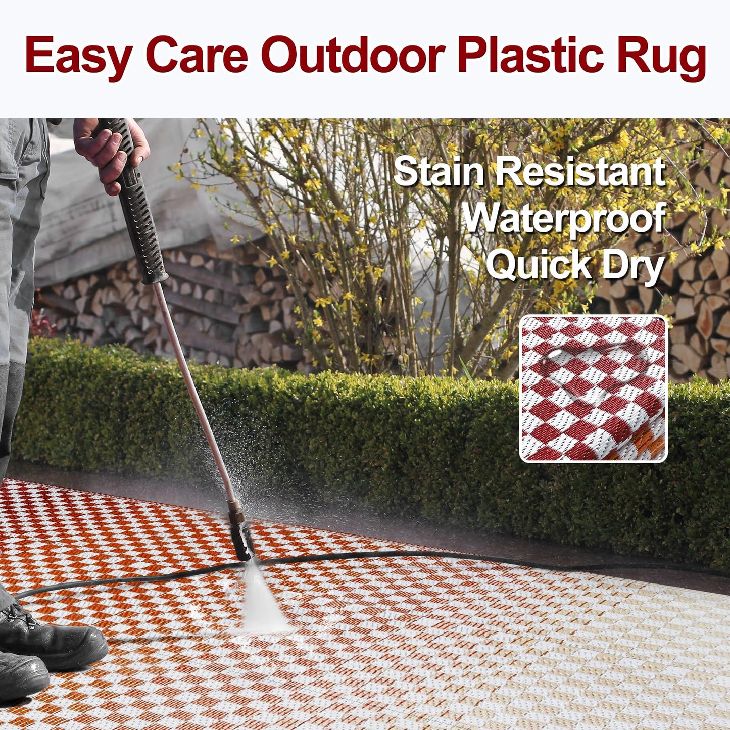 Wonnitar Waterproof Outdoor Rug 6x9 - Orange Red Gradient Checkered Camping RV Rug, Outside Patio Plastic Straw Mat for Balcony, Lightweight Reversible Portable Deck Carpet