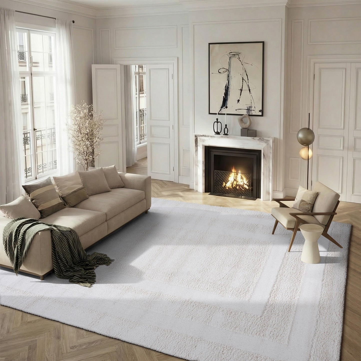 SAFAVIEH Florida Shag Collection Area Rug - 9'6" x 13', Creme & Creme, Border Design, Non-Shedding & Easy Care, 1.2-inch Thick Ideal for High Traffic Areas in Living Room, Bedroom (SG454-1111)