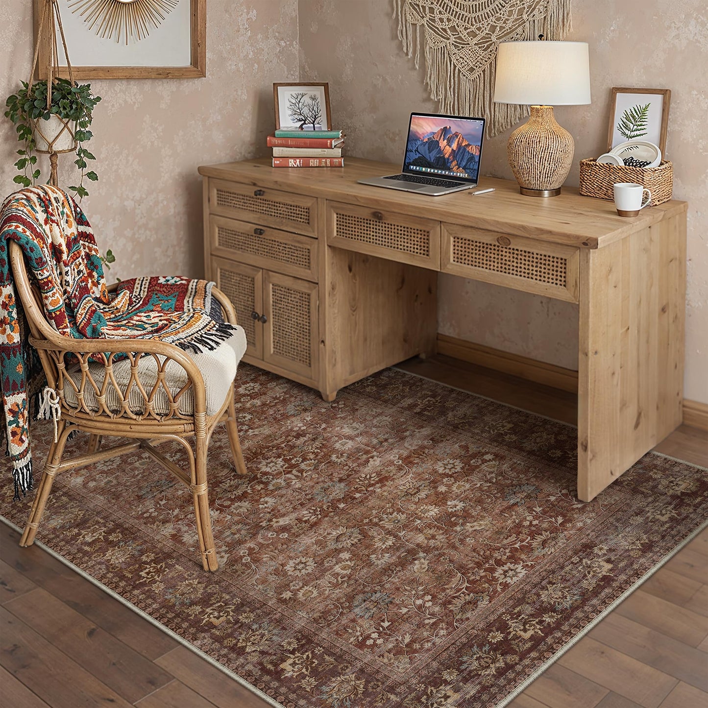 HUGEAR 4x6 Machine Washable Rugs Brick Red Hallway Area Rug Indoor Accent Rug Floral Low Pile Carpet Soft Throw Rug Bedroom Living Room Office Dining Room Kitchen Laundry Room Non Slip