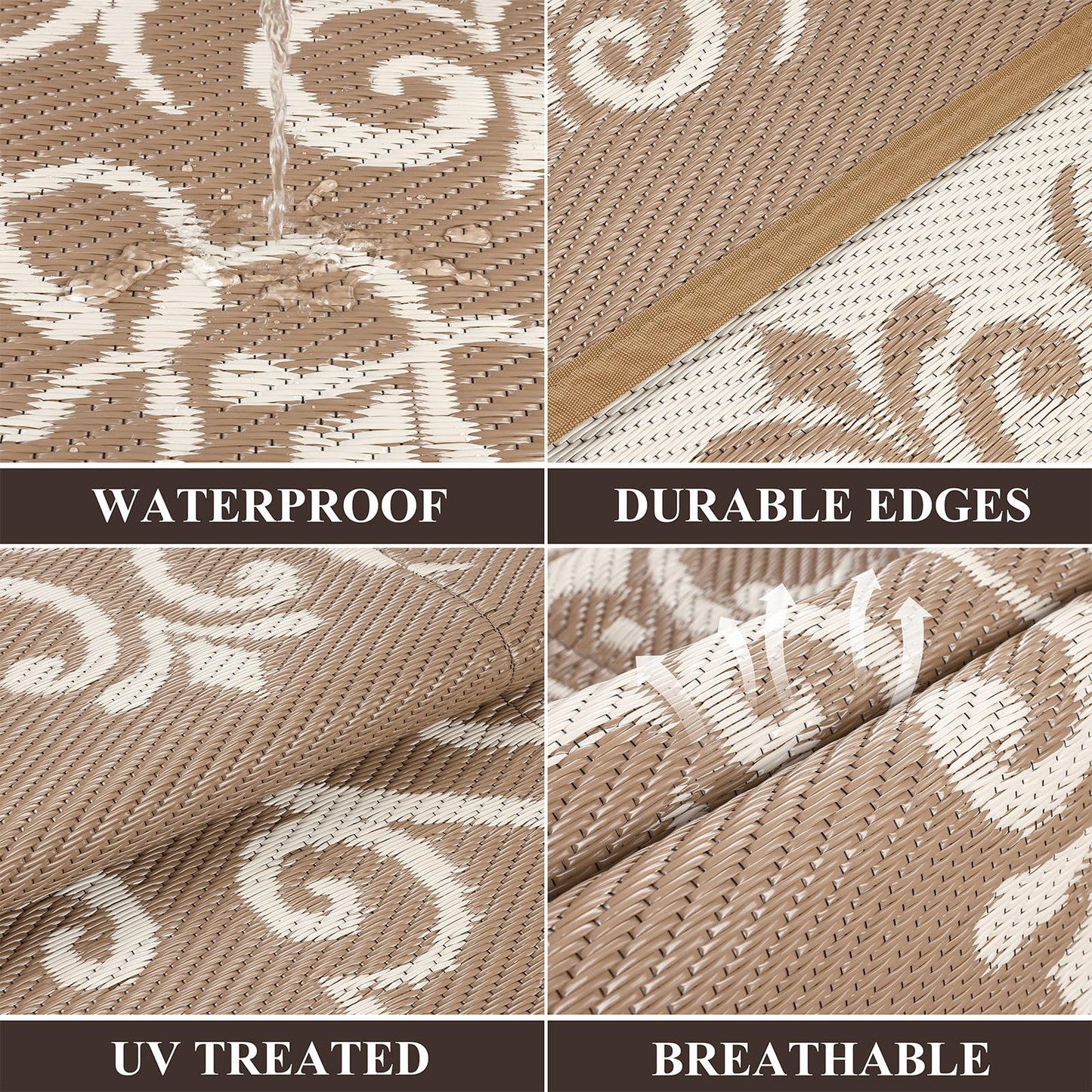 Pauwer Waterproof Outdoor Rug 8x10, Reversible Plastic Straw Patio Camping Rug, Indoor Outdoor RV Mat Carpet for Deck, Camper, Porch, Balcony, Backyard, Picnic, Floral Brown