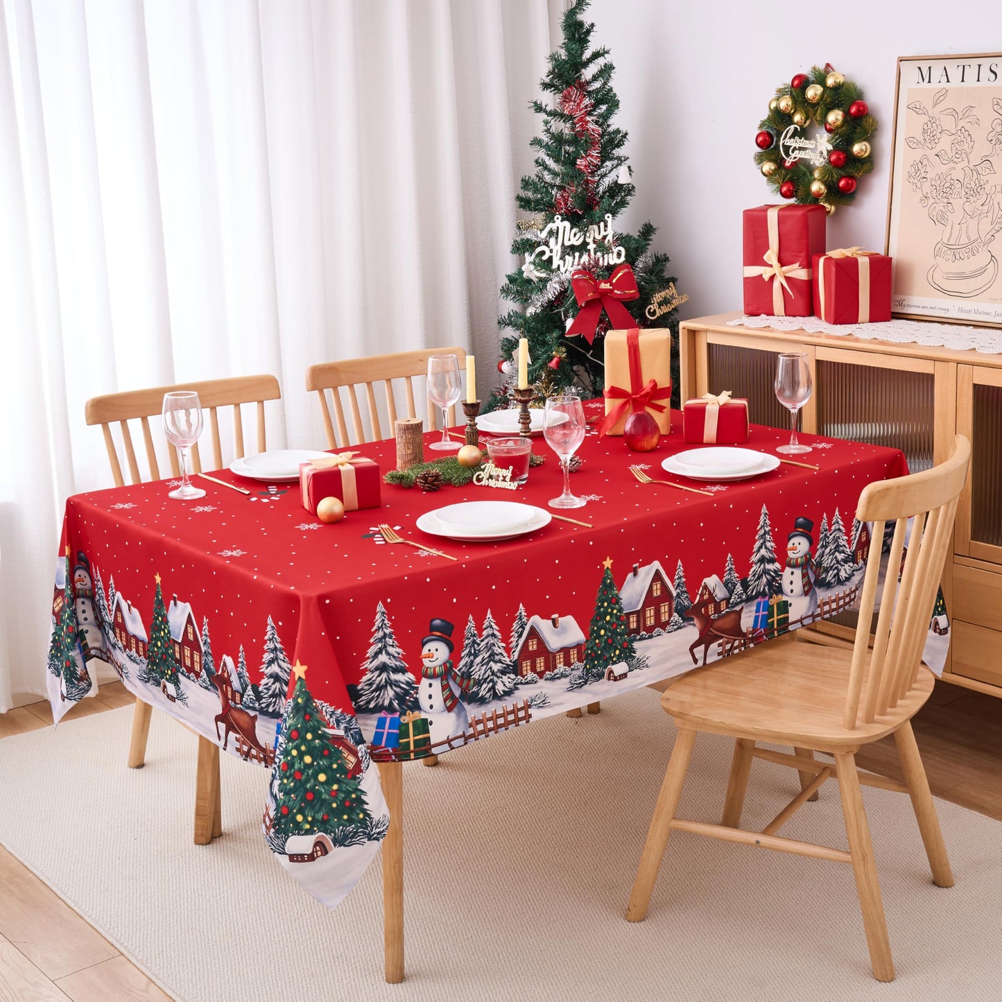 Christmas Tablecloths Rectanglar Winter Snowman Farmhouse Christmas Tree Table Cloth- 60 x 84 Oblong Polyester Red Xmas Table Cover Washable Waterproof for Holiday Decoration Party Kitchen Dining