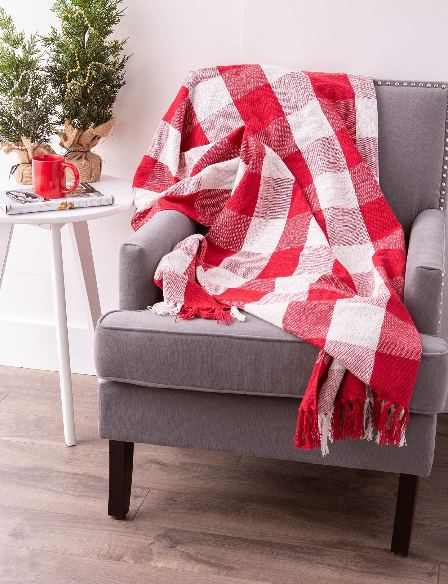 DII Buffalo Check Collection Rustic Farmhouse Throw Blanket with Tassles, 50x60, Red/White
