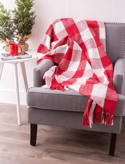 DII Buffalo Check Collection Rustic Farmhouse Throw Blanket with Tassles, 50x60, Red/White