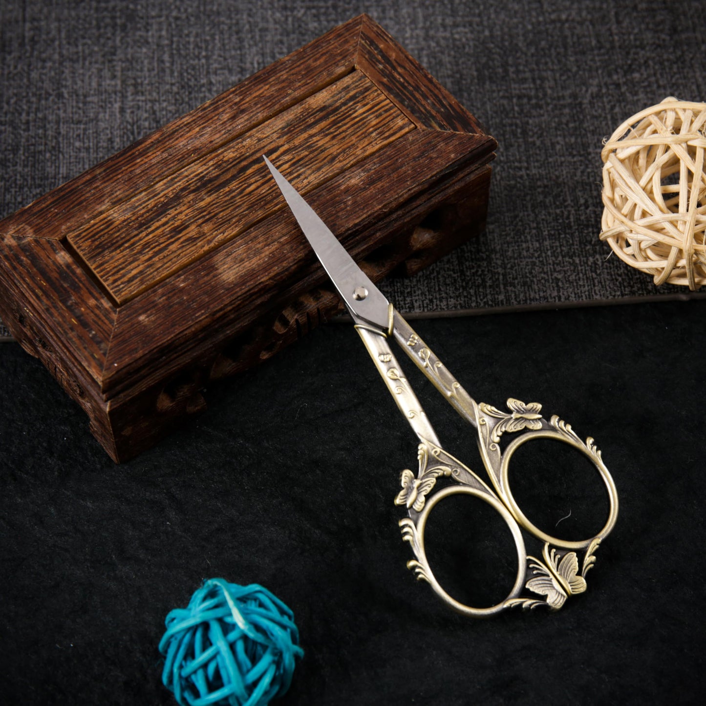 Artistic Vintage Craft Scissors Small 4.6 Inch Sharp Sewing & Embroidery Tool - Engraved Bronze Butterfly Handle, Silver Blade, Pink Polka Dot Case for Crochet, Fabric, Paper, DIY Crafts