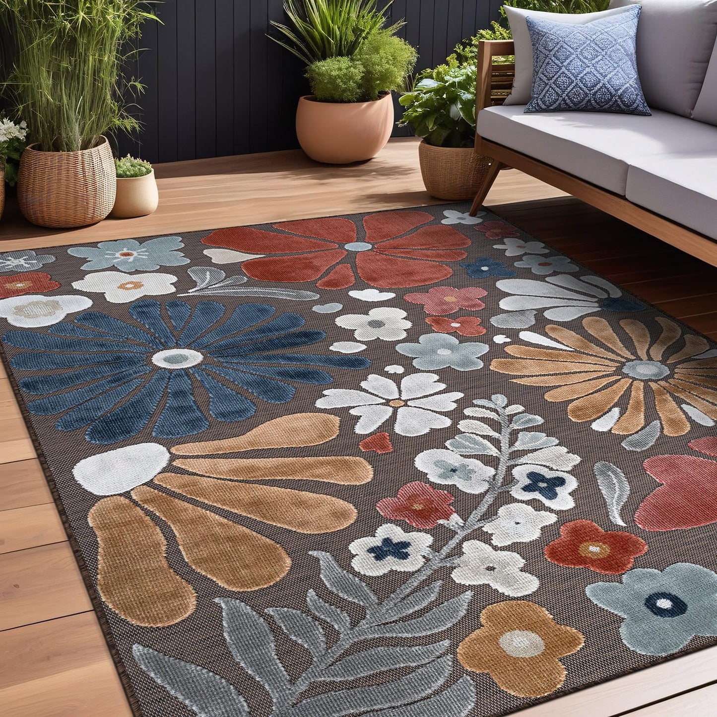 Beverly Rug Outdoor Rug 8x10 Modern Floral Tropical Area Rugs for Outdoor and Indoor Patio Easy to Clean Non Shedding Living Room Porch Garden Washable Outside Carpet (8 x 10 Terracotta)
