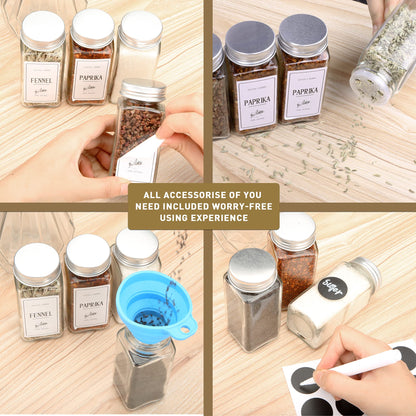 Spice Jars with Lids 25 Pcs, 4oz Square Glass Spice Jars with 150 Labels Shaker Lids 45pcs, 120ml Kitchen Spice Containers with Label Pen, Hose Brush