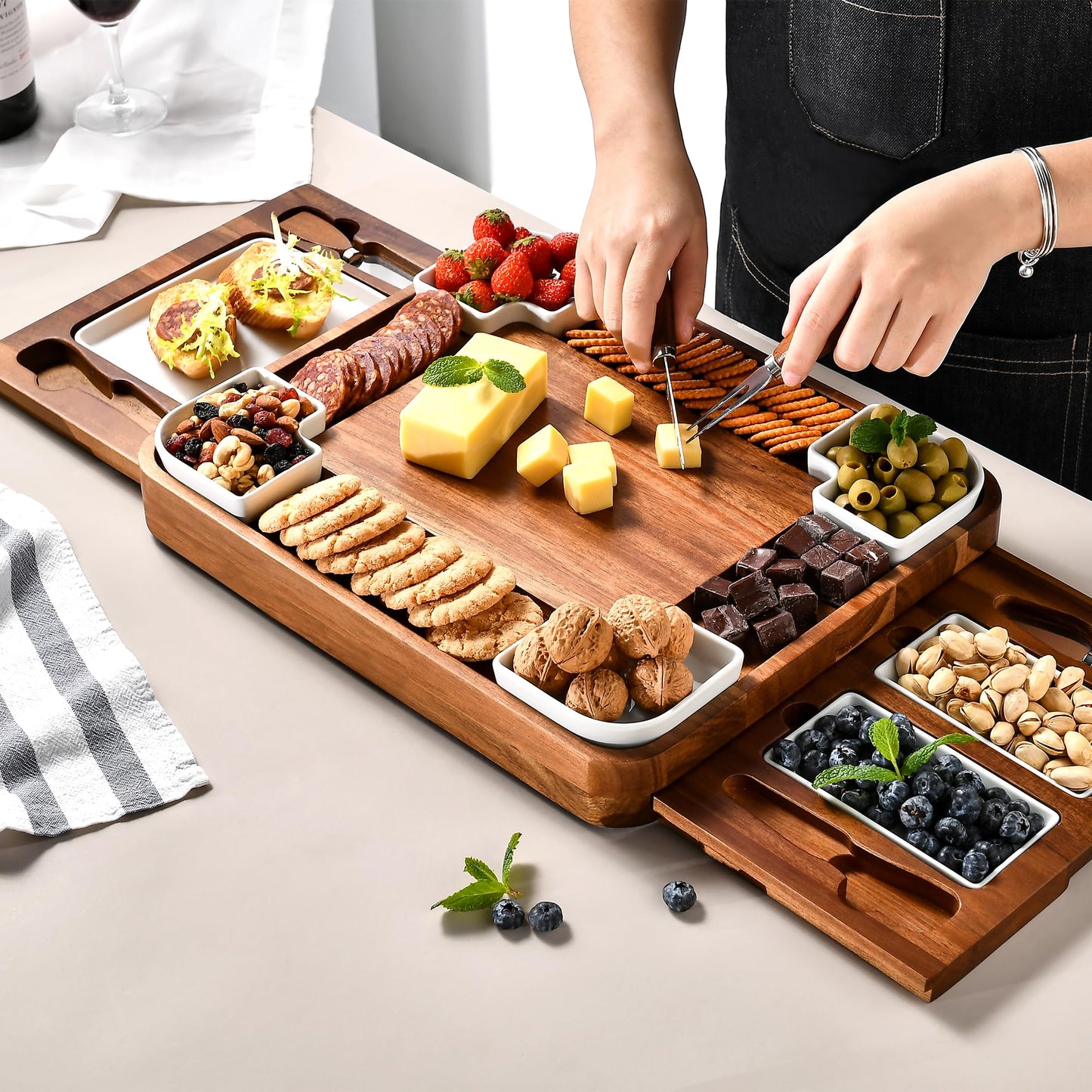 Shanik Upgraded Acacia Cheese Board Set, Square Shaped Charcuterie Set, Cheese Platter, Handcrafted Design and Stainless Steel Cutlery Set - Gift for Any Occasion No Engraving