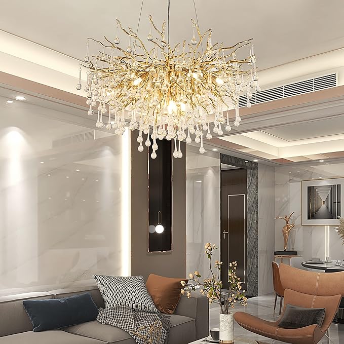 Crystal Chandelier for Dining Room 10-Light Raindrop Chandelier Contemporary Champagn Gold Pendant Light Fixture for Kitchen Island Bar