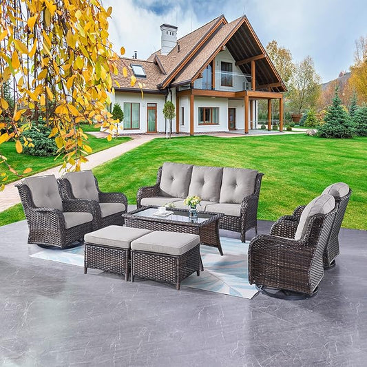 Rilyson Wicker Patio Furniture Set - 8 Piece Rattan Outdoor Sectional Conversation Sets with 4 Swivel Rocking Chairs,2 Ottomans,1 Sofa and 1 Coffee Table for Porch Deck Garden(Brown/Grey)