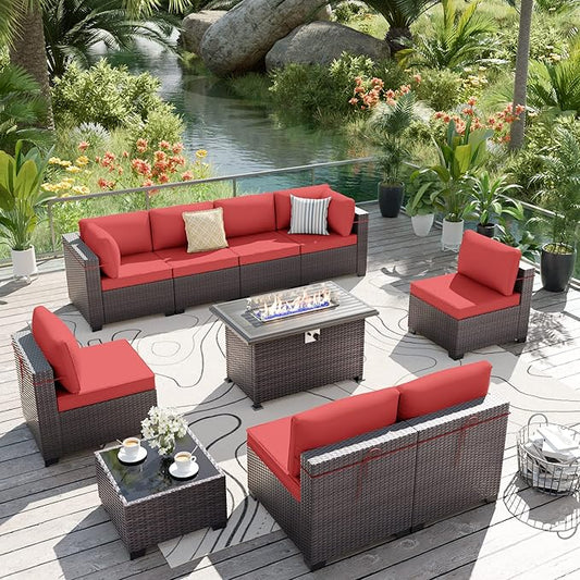 ALAULM 10 Pieces Patio Furniture Set with Propane Fire Pit Table Outdoor Sectional Sofa Sets Patio Furniture 43" Gas Fire Pit Brown PE Rattan Patio Conversation Set w/8 Seat Cushions-Red