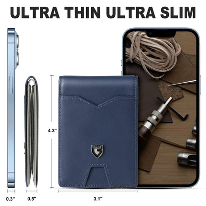 GSOIAX Mens Slim Wallet for Men Minimalist Genuine Leather Carbon Fiber Rfid Blocking Bifold Credit Card Holder With Gift Box (Dark Blue and Beige)