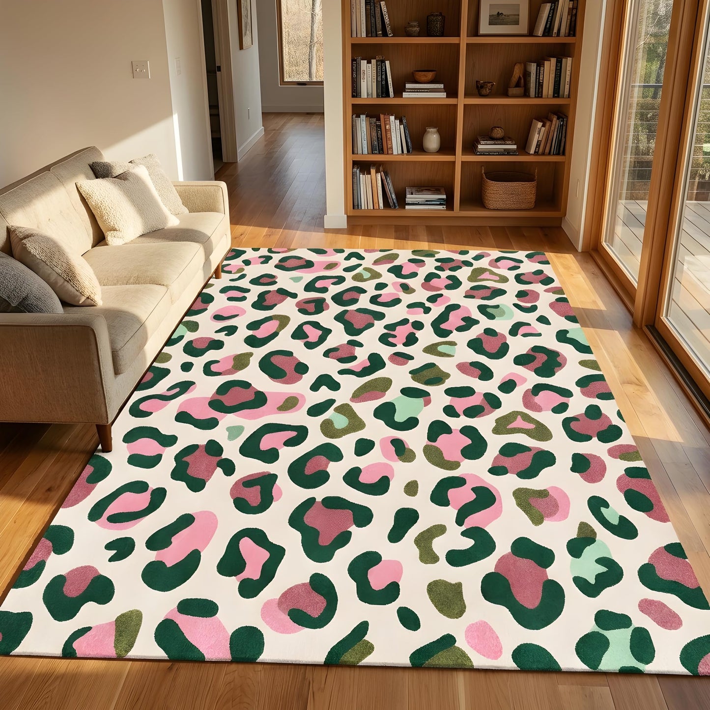 ERYATOU 5x7 Area Rug, Pink and Green Leopard Print Rug, Washable Non-Slip Low Pile Faux Cashmere Carpet for Teen Girls Bedroom, Dorm Room, Living Room Decor