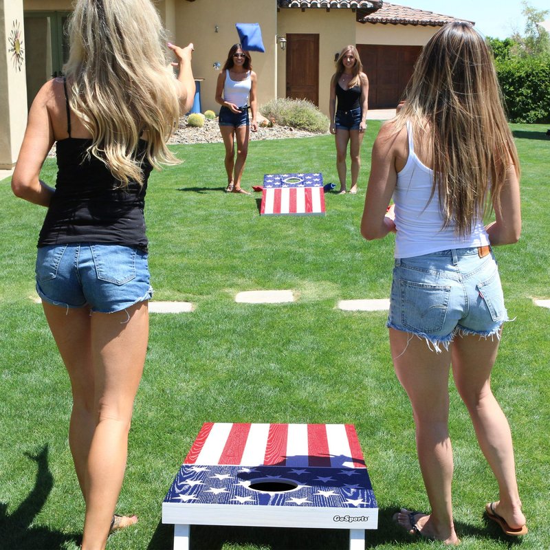 GoSports Flag Series Wood Cornhole Sets – Choose American Flag or State Flags – Includes Two Regulation Size 4 ft x 2 ft Boards, 8 Bean Bags, Carrying Case and Rules