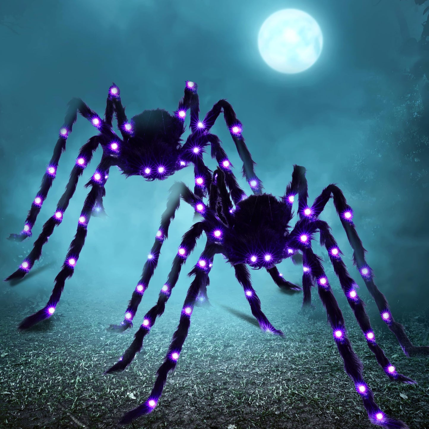 JOYIN 2 Pack 5 Ft Halloween Light Up Spiders Outdoor Decorations, Scary Giant Spider with Purple LED, Fake Large Haunted House Props, for Halloween Lawn Porch Yard Garden Tree Outside Indoor Decor