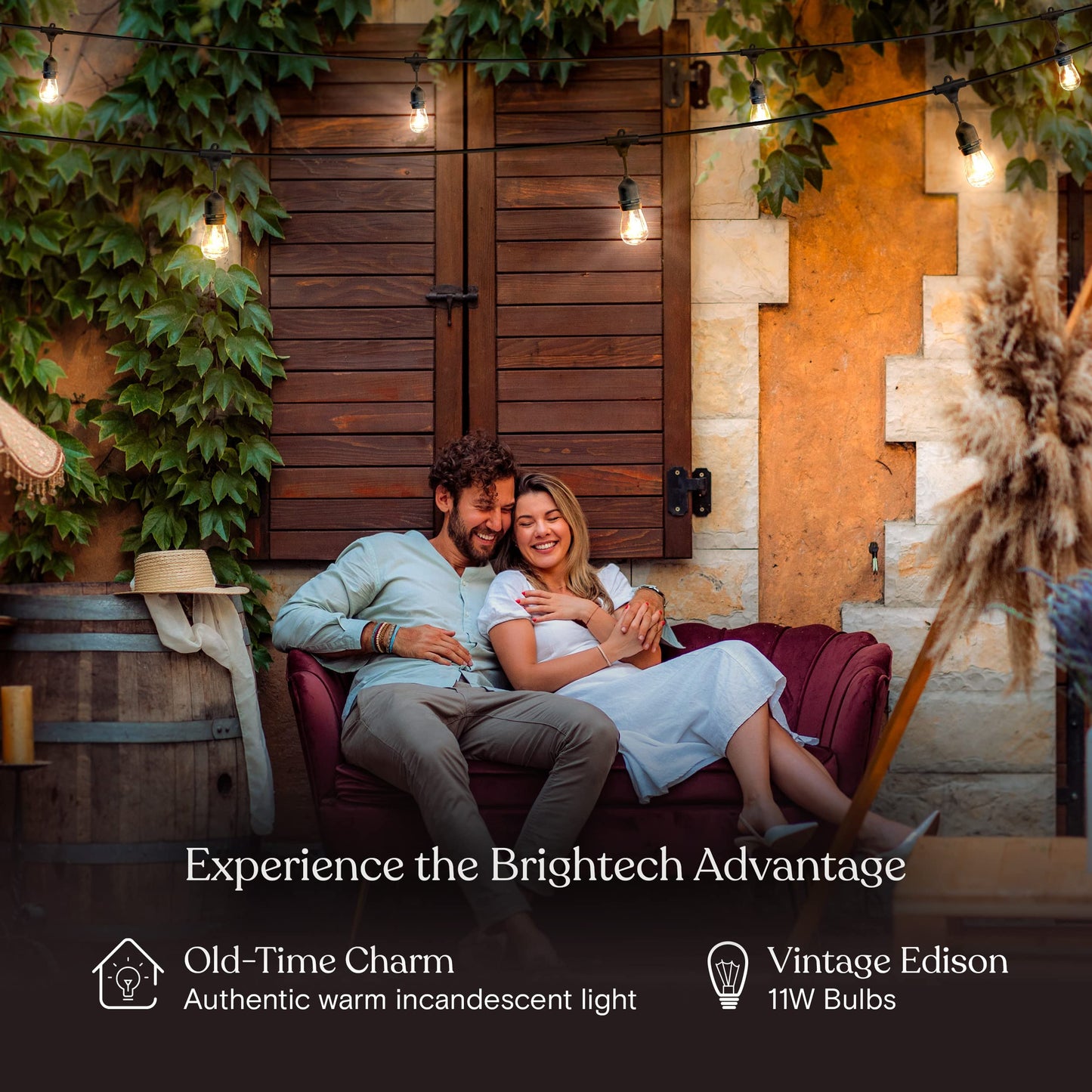 Brightech Ambience Pro Incandescent Outdoor String Lights - Commercial Grade Waterproof Patio Lights with 48 Ft Dimmable Edison Bulbs, Porch String Lights for Patio, Backyard - 15 Bulbs 11W