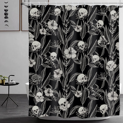 AMBZEK Black Skull Floral Shower Curtain 72Wx72L Inch Men Gothic Spooky Skeleton Goth Flower Leaves Halloween Cool Artwork Cloth Fabric Waterproof Polyester Bathroom Decor Set with 12 Pack Hooks