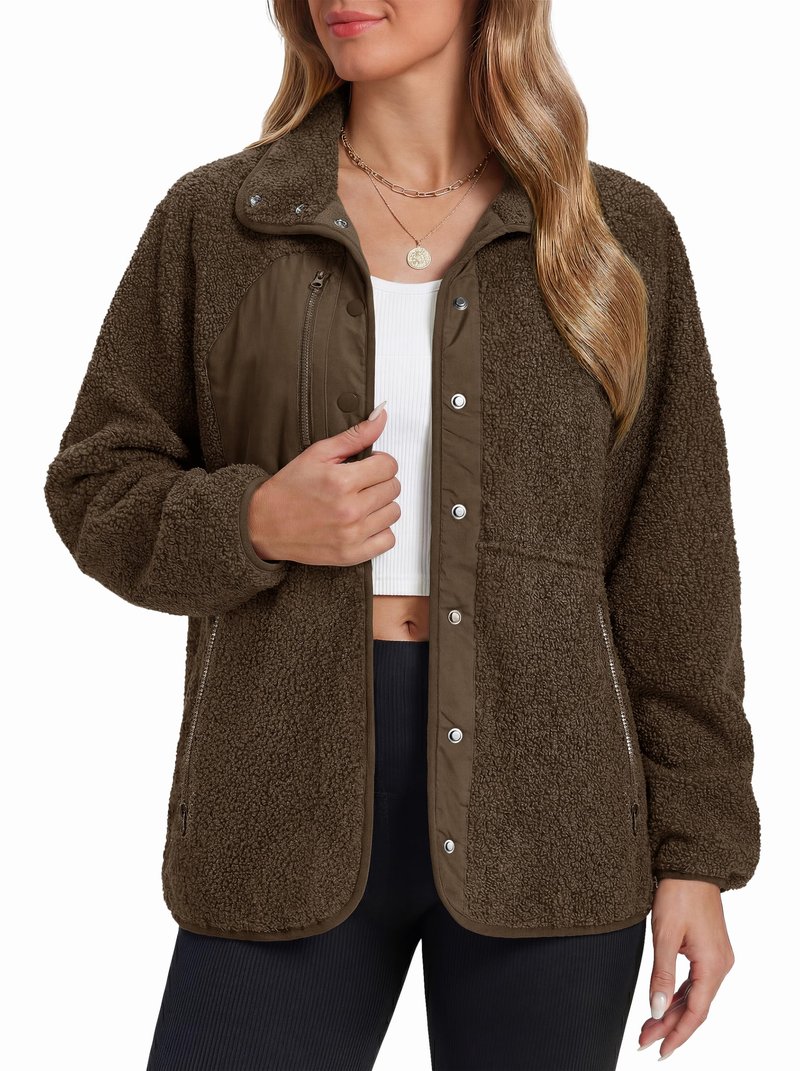 MAGCOMSEN Fuzzy Fleece Jackets Women Button Down Fleece Lined Coat Winter Warm Casual Outwear with Pockets Brown XL