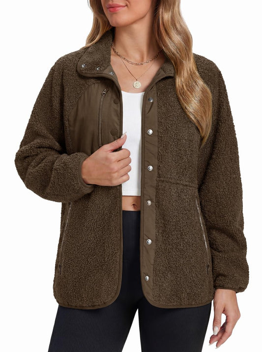 MAGCOMSEN Fuzzy Fleece Jackets Women Button Down Fleece Lined Coat Winter Warm Casual Outwear with Pockets Brown XL