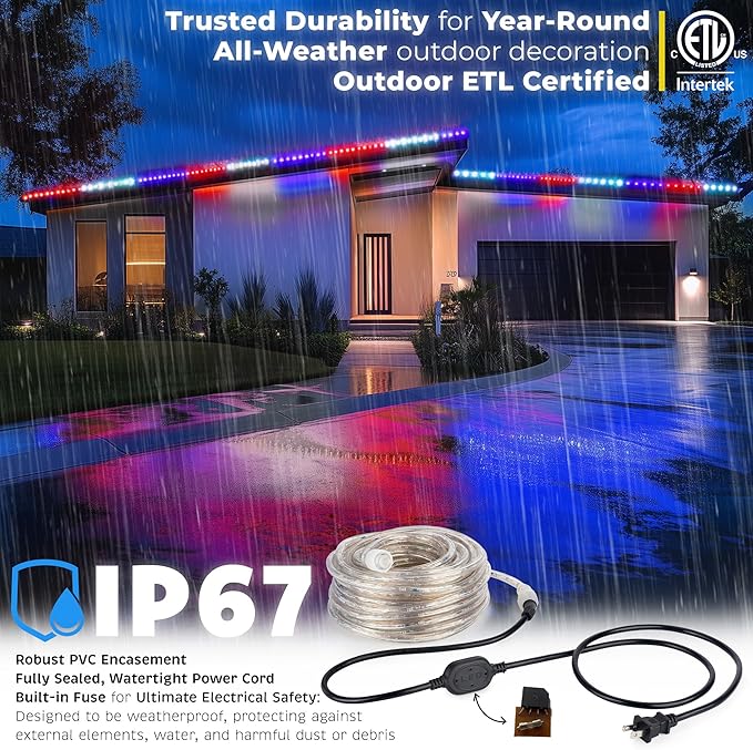 WYZworks 576LEDs 50ft LED USA Patriotic American Red White Blue Outside Rope Lights, Outdoor ETL Certified Waterproof Permanent 360 Degree Light, Flexible Tube, Connectable, Palm Tree Exterior
