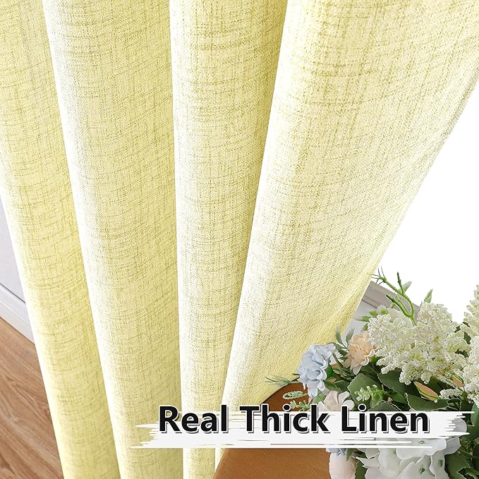 Tollpiz Linen Curtain Living Room Rod Pocket Semi Sheer Curtains Burlap Light Filtering Thick Linen Drape for Bedroom, 54 x 72 inches Long, Cream Yellow, Set of 2 Panels