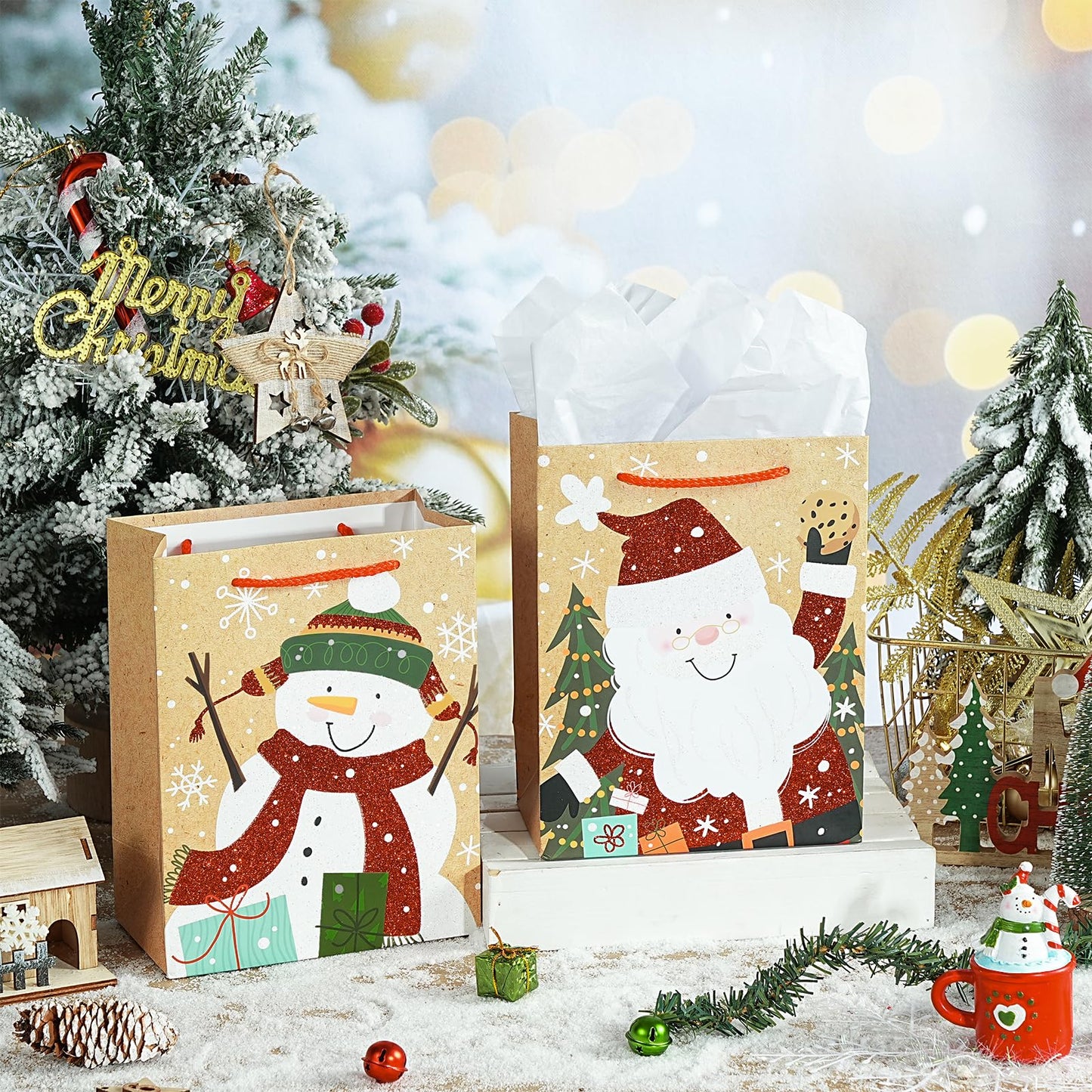 Loveinside Christmas Gift Bags Set, Glitter Foil Santa, Penguin, Snowman & Polar Bear Design, Medium Size Bags with Handle, Tissue Paper for Christmas Gifts & Party Favors, 4 Pack, 7" X 4" X 9"