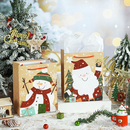 Loveinside Christmas Gift Bags Set, Glitter Foil Santa, Penguin, Snowman & Polar Bear Design, Medium Size Bags with Handle, Tissue Paper for Christmas Gifts & Party Favors, 4 Pack, 7" X 4" X 9"