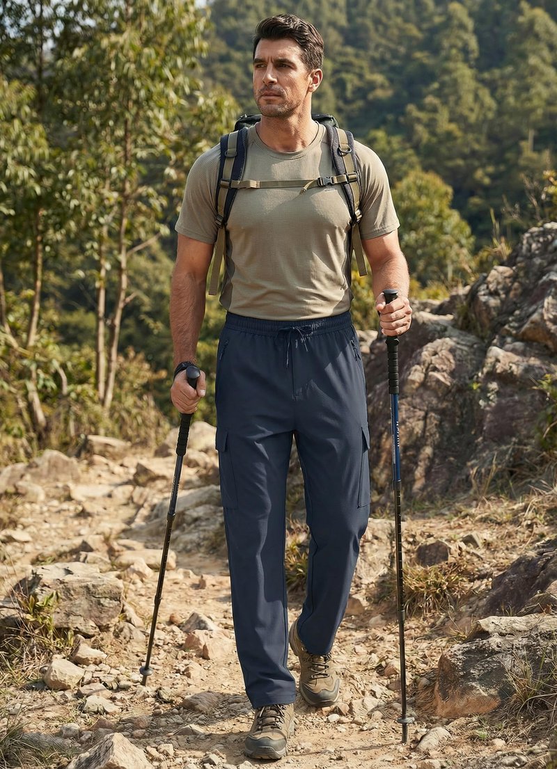 Men's Elastic Waist Hiking Pants Lightweight Quick Dry Cargo Track Pants Water Resistant Travel Outdoor Sweatpants Jogging Athletic Clothes with Zipper Pockets Navy Blue L