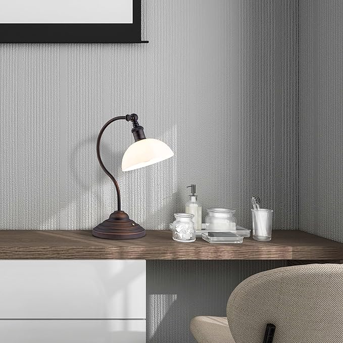 O'Bright Bankers - Cordless LED Table Lamp, Battery-Operated, Rechargeable, 3-Level Dimming, Universal USB-C Charging, 180° Swivel Head, White Jade Glass Shade, Oil Rubbed Bronze