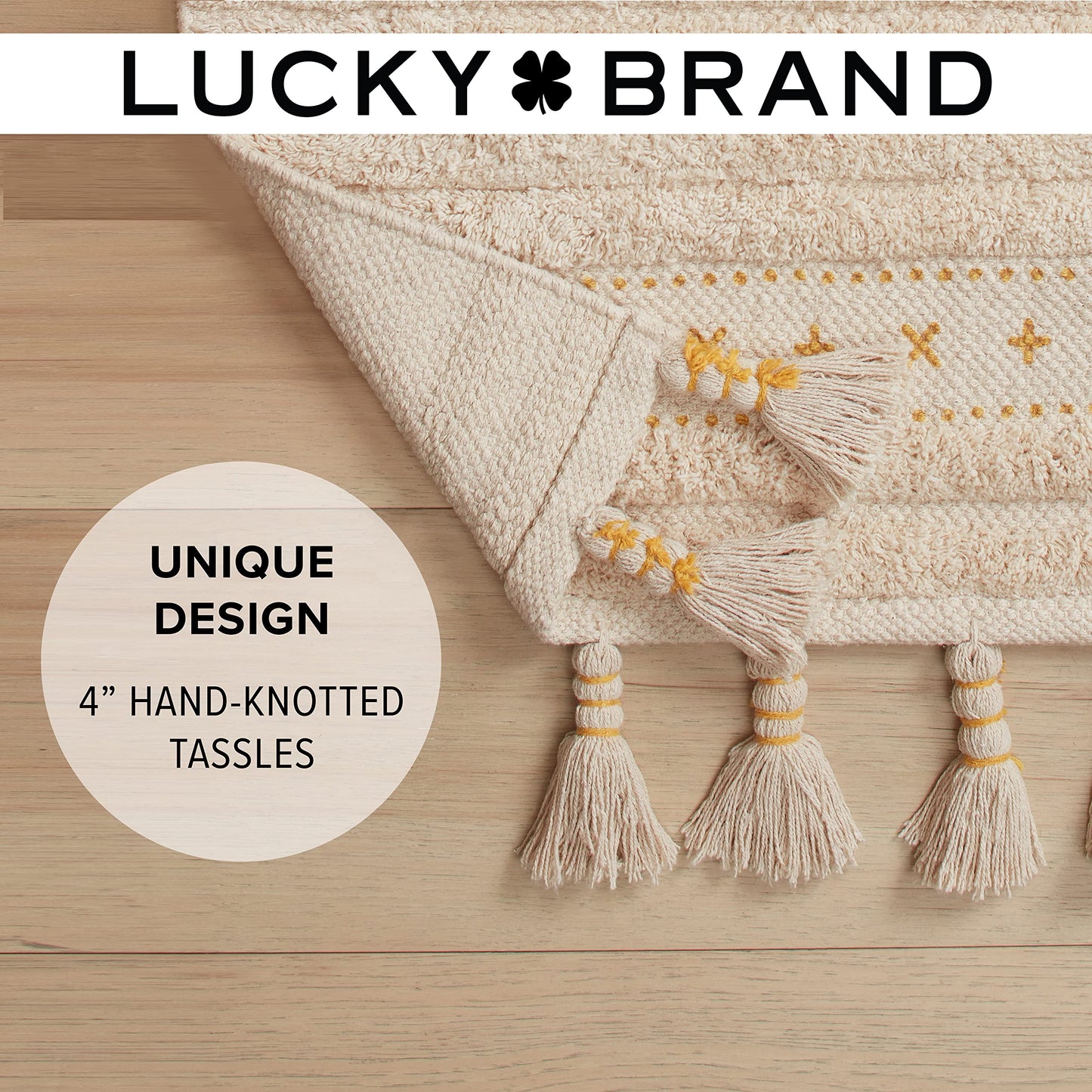 Lucky Brand Overtufted Cotton Fringe Bath Rug with Tassels, 20"x68", Yellow Ochre