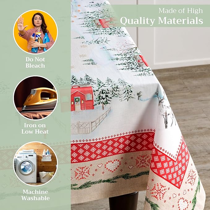 Maison d' Hermine Table Cloth Rectangle Table 100% Cotton 70 x 108 Inches Fall Tablecloth Reusable Everyday Use for Thanksgiving Christmas Decorations Dining Farmhouse Party (Rural Christmas)