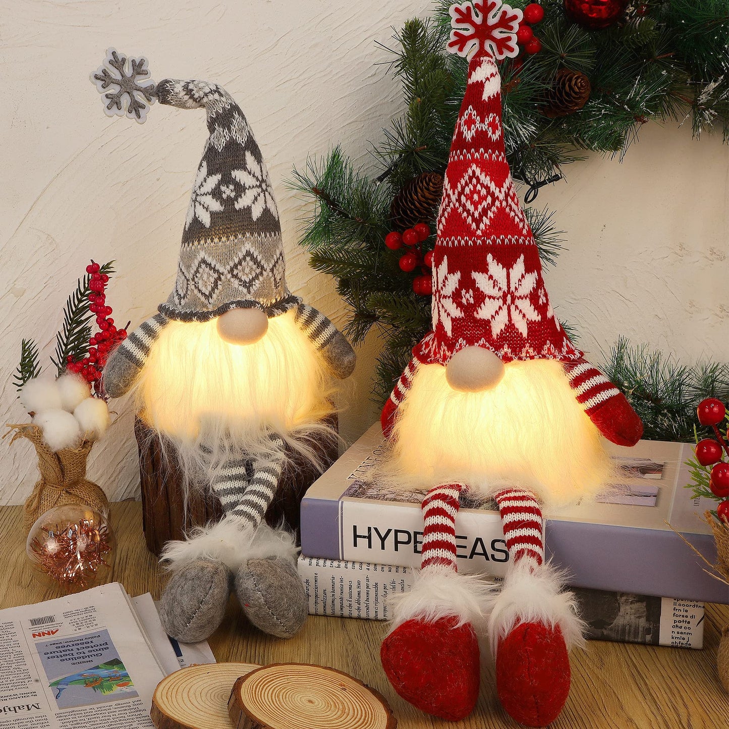 Juegoal 2 Pack Lighted Christmas Gnomes with Dangling Legs, 19.5Inch Handmade Scandinavian Swedish Tomte, Battery Operated Winter Tabletop Christmas Decorations Collectible Figurines