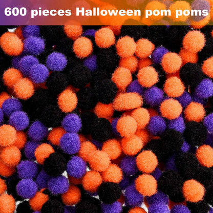 600 Piece Halloween Craft Pom Poms Mini Pompoms Fuzzy & Fluffy Balls for Party Decors (Black, Orange, Purple)