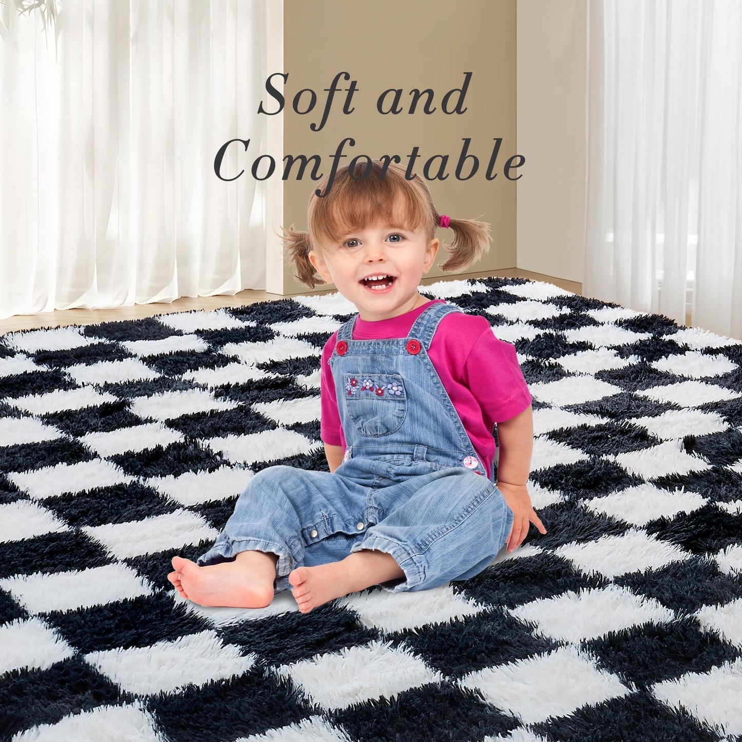 Andency 5x7 Ft Black and White Area Rug for Living Room Classic Checkered Shaggy Rug Non-Slip High Pile Soft Fluffy Rug Fuzzy Carpet Bedroom Kids Toddler Room Nursery Playroom Bedroom