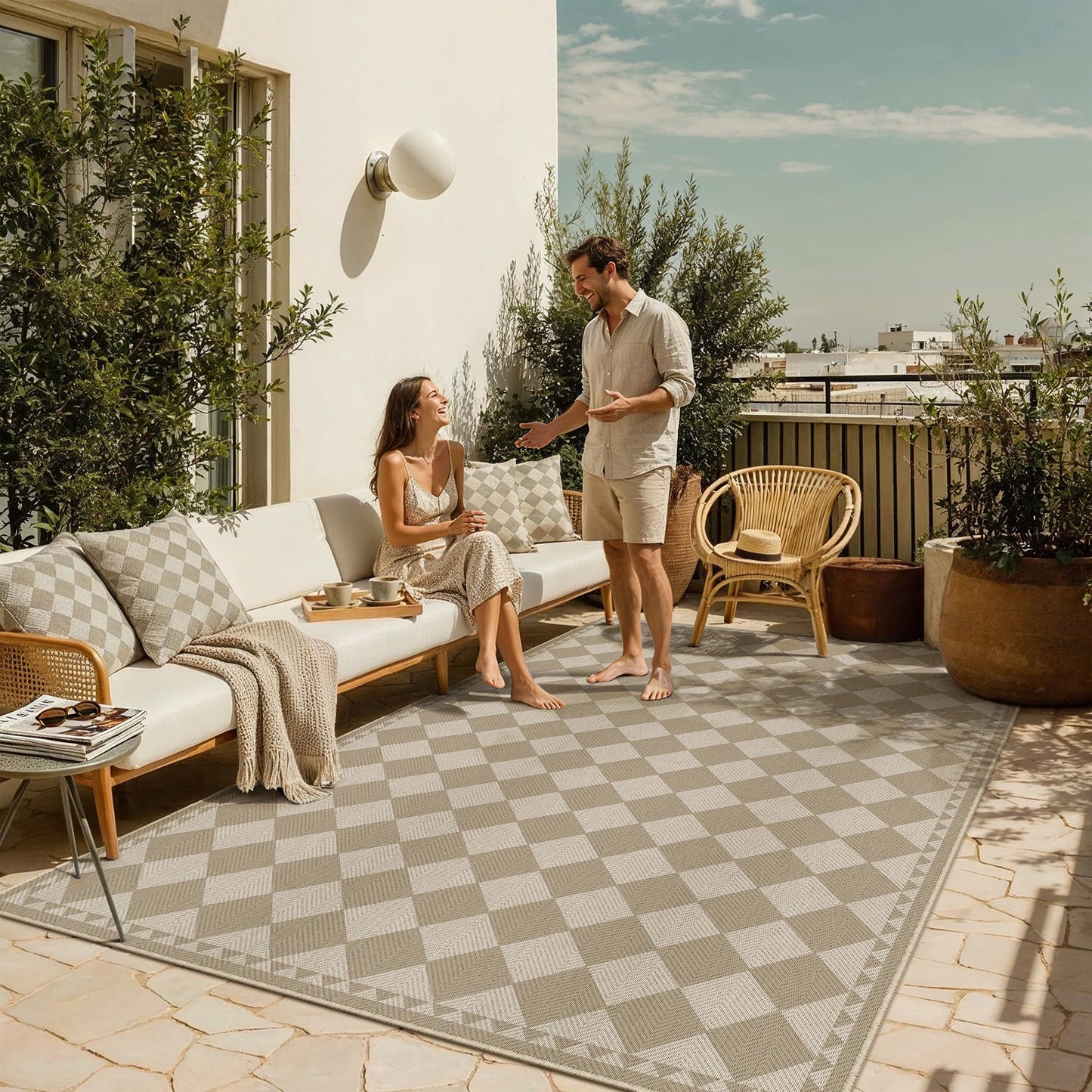 HUGEAR 5x7 Outdoor Rug Brown/Beige Linen-Look Fabric Checkered Area Rug High Traffic Stain Resistant Easy Clean Durable Rugs for Indoor/Outdoor Patio Deck Balcony Porch Garden Courtyard