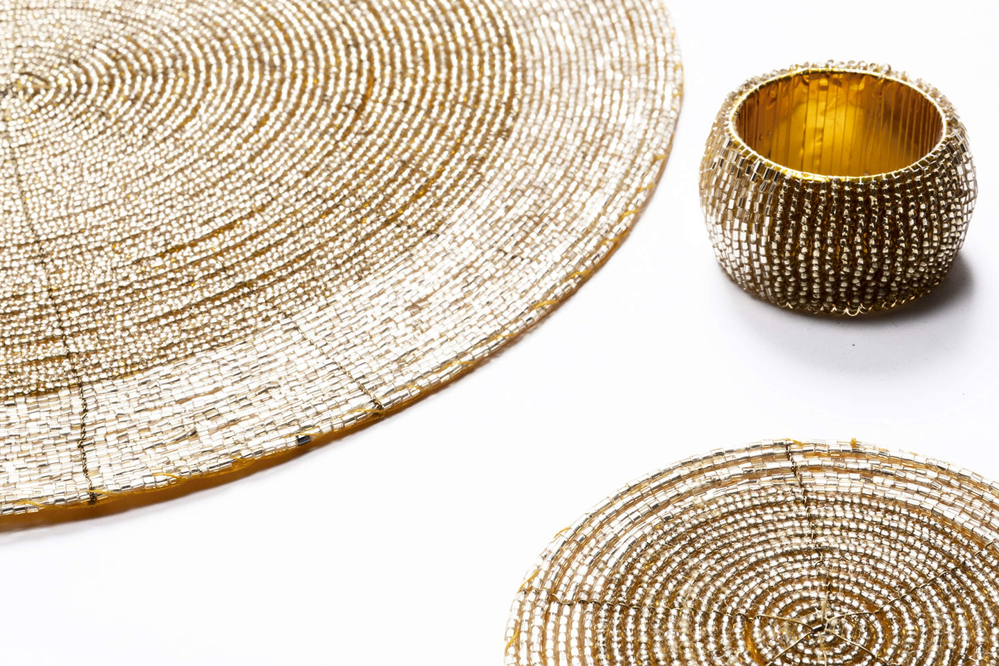 Penguin Home Handcrafted Glass Beaded Round Placemats, Coasters & Napkin Rings Set of 18 - Handmade Table Place Mats for Dining - 32 cm (13") Diameter (Gold)