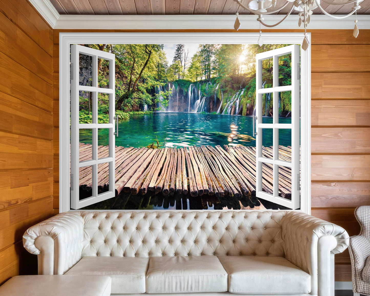 FLFK Fake Window Wall Mural - Waterfalls in The Jungle Faux Window Wall Sticker for Wall Decor, Stick and Peel Wall Decals,80"x60",Set of 5 Sheets