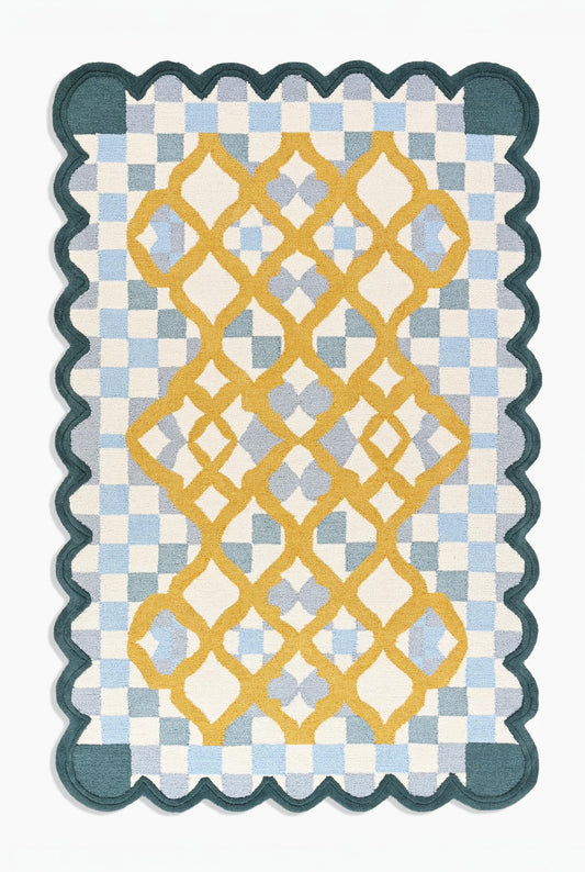 Hand-Tufted Wool Rug with Scalloped Edges | Checkered Light Blue Plaid Pattern Yellow Motif | Cozy Soft Area Rugs Carpet for Living Room, Bedroom, Nursery (Light Blue, Mustard Yellow, 6' x 9')