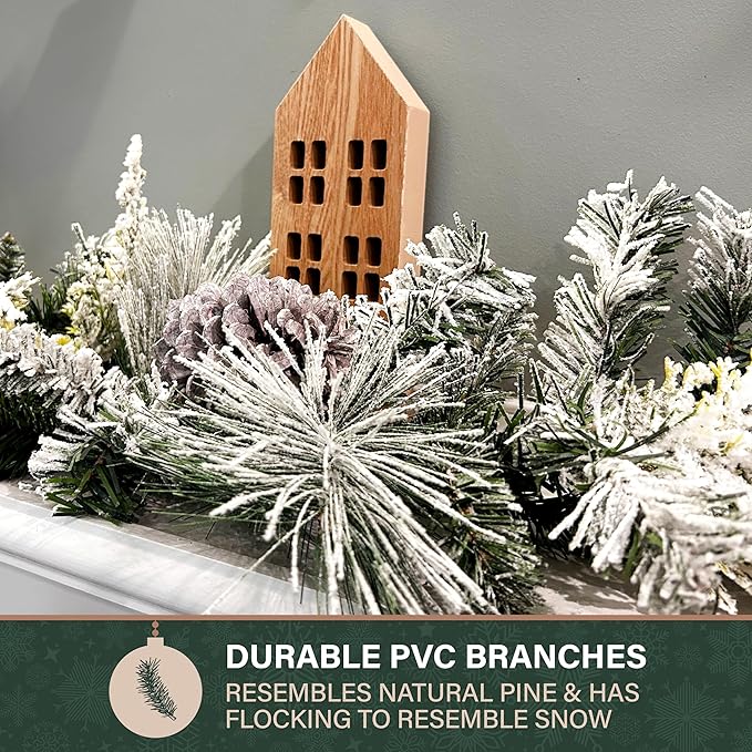 Fraser Hill Farm 6-Ft. Christmas Snow Flocked Garland with Pinecones Perfect for Door, Window, Wall, or Fireplace, Festive Holiday Decor