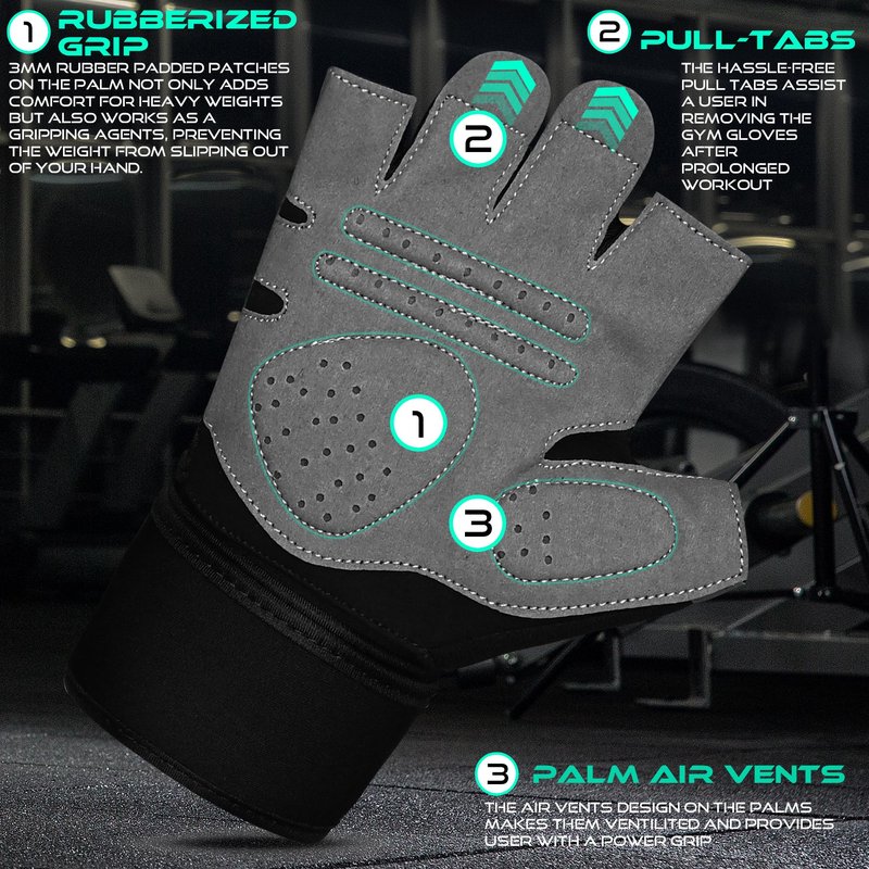 WESTWOOD FOX Gym Gloves Fitness Training Anti Slip Shock-Absorbing Weight Lifting Gloves Padded Grip Breathable Fingerless Workout Support for Men Women Cycling Exercise (Long Wristband, M)