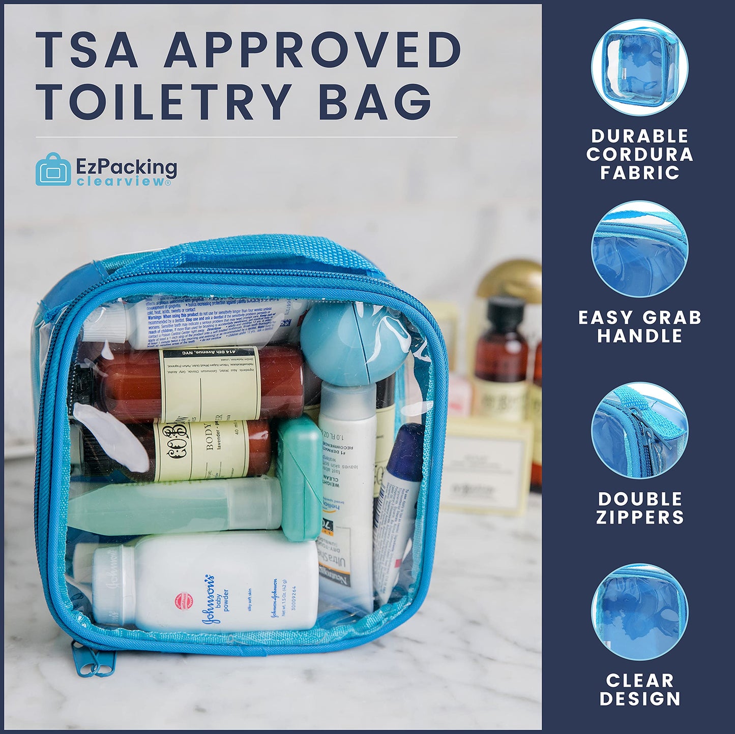 EzPacking Clear TSA Approved 3-1-1 Travel Toiletry Bag for Carry On/Quart Size Transparent Liquids Pouch for Airport Security/Reusable See Through Vinyl & PVC Plastic Organizer Men Women (Turquoise)
