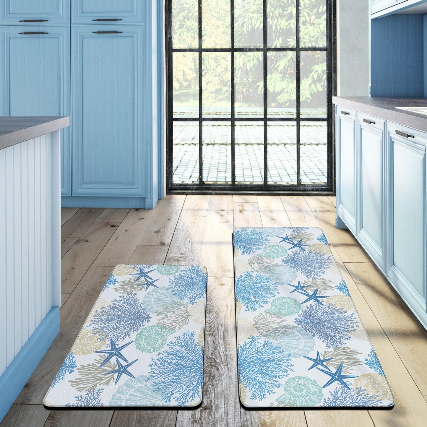 Tritard Coastal Beach Theme Kitchen Mats Rugs Set of 2 Anti Fatigue Kitchen Mats for Floor Memory Foam Cushioned Waterproof Non Slip Comfort Standing Mat for Sink Laundry, Blue, 17.3"x 28"+17.3"x 47"